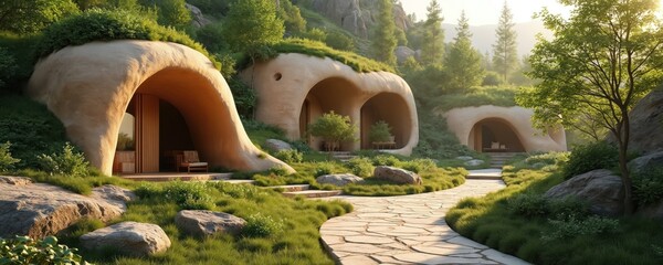 Earthen homes sit hillside among lush plants. Stone steps and pathway lead to cave dwelling doors. Eco friendly, modern architecture blends into nature. Unique construction with trees and grass.