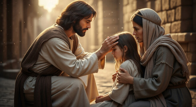 Jesus Christ blessing a young girl with her mother in a biblical scene. A depiction of faith, healing, and compassion from the New Testament. A spiritual miracle in an ancient city