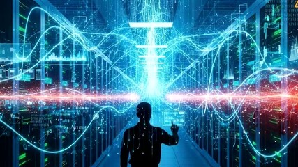 Silhouette of a man in server room with data streams and visualizations - Powered by Adobe