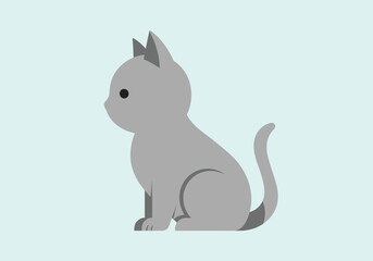 Obraz premium A cute cartoon illustration of a small grey cat sitting and looking to the left on a soft blue background, perfect for pet-themed designs and children's content