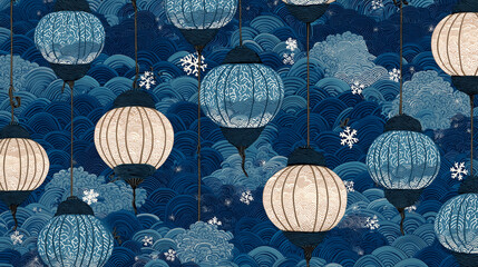 Japanese lanterns and snowflakes repeating pattern, winter blue tones Pattern of traditional paper lanterns with wave motifs