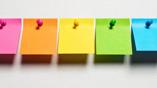 A row of colorful sticky notes, pink, orange, yellow, green, and blue, are pinned to a textured white wall with colorful pushpins, casting shadows below