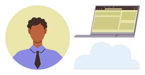 Businessperson avatar and open laptop in a minimalistic style, complemented by a cloud shape. Ideal for remote work, digital communication, technology, networking, career, cloud storage, simple flat
