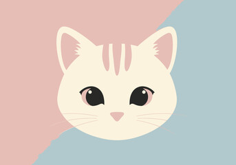 Cute cartoon cat head with big eyes and pink nose on a pastel pink and blue background.