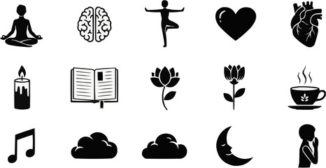 Vector icon set focusing on relaxation, leisure, and daily comforts. Includes books, candles, flowers, coffee, music notes, clouds, moon, and a figure in repose. Suitable for lifestyle.