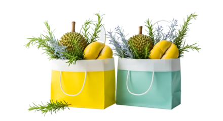 Colorful gift bags filled with decorative pumpkins and green foliage, perfect for autumn or Halloween decorations