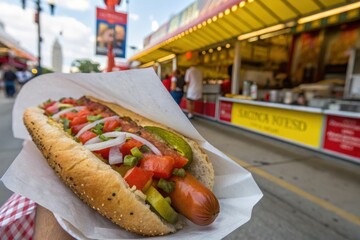 Closeup of a delicious hot dog with toppings at the state fair in summer