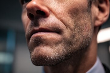 Obraz premium Man with a clenched jaw showing focus and tension before an important presentation.