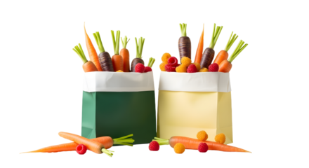 Fresh assorted carrots in green and yellow paper bags with loose carrots around, vibrant vegetable display perfect for healthy eating and cooking