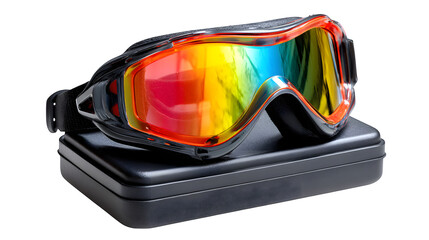 Polarized sport goggles displayed on black plastic head form, isolated on white