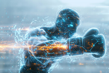 デジタルエネルギーが流れるボクサーのパンチモーションと運動解析を表現