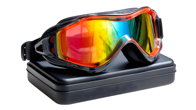 Polarized sport goggles displayed on black plastic head form, isolated on white