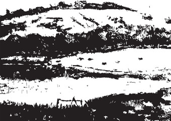 Black and white landscape of rolling hills and serene water under a cloudy sky at midday