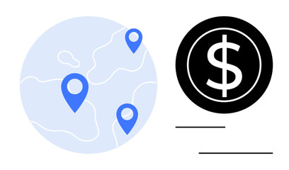 World map with blue location pins near a black circle with a dollar sign. Ideal for business, trading, investment, globalization, e-commerce, logistics, finance applications, simple flat metaphor