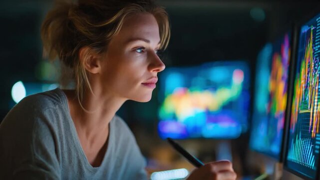 Focused Vision: An individual intently working on a cutting-edge computer screen, immersed in a world of technology and innovation.