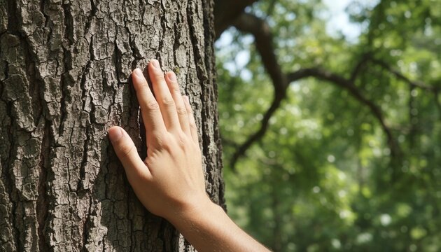 A person's hand gently touching the textured bark of an old tree. Human connection with nature in a sunlit forest.
