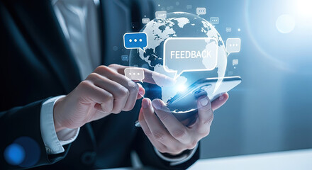 Global Feedback on Mobile Phone: Businesswoman Using Smartphone for Online Communication, Customer Reviews, and Social Media Engagement Worldwide