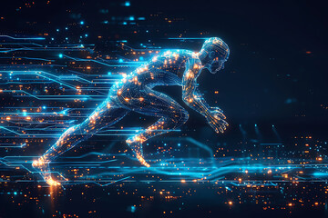エネルギーとスピードの流れを可視化した疾走中のスプリンターのデジタル人体ビジュアル