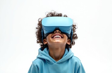 Young boy wearing blue virtual reality headset. Child laughs with excitement experiencing digital world. Kid uses VR glasses for gaming, learning or new adventures. Future tech on white background.