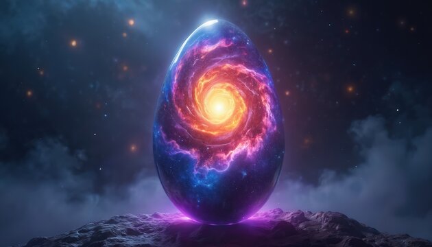Cosmic egg with swirling galaxy inside rests on alien planet surface. Dark nebula clouds and distant stars frame the abstract scene. Bright nebula light emanates from egg.