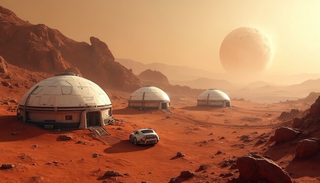Future Mars settlement with domes and vehicle on red planet landscape. Large moon or planet visible in dusty orange sky. Futuristic colony, terraforming project, space exploration scene.