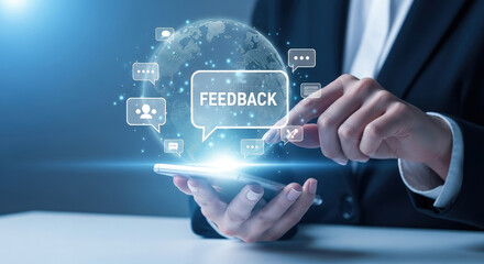Getting Feedback Online: Businesswoman Using Smartphone for Customer Reviews and Global Communication, Digital Marketing Strategy and Social Media Engagement