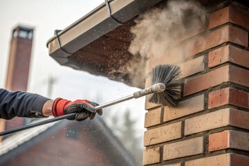Professional chimney sweep cleaning a brick chimney with a wire brush tool