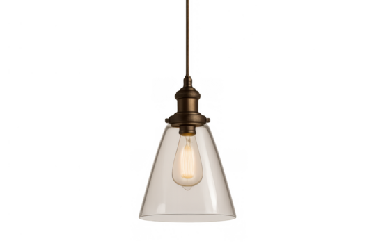 Vintage pendant light with clear glass shade and edison bulb providing charming illumination on transparent background