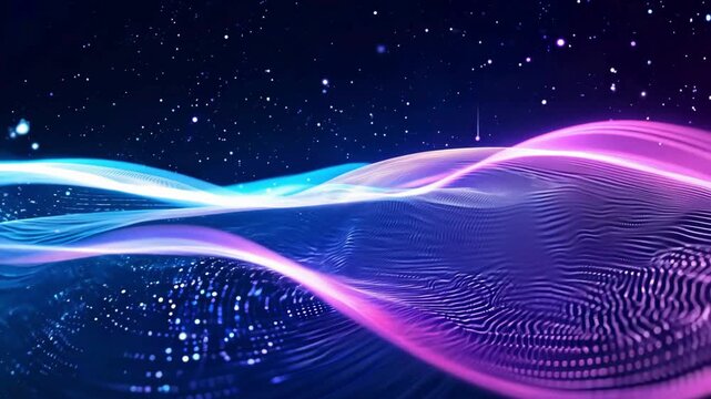 Futuristic, seamless loop of woven blue and pink wireframe particles forming dynamic, illuminated waves against a dark, starry/particle background