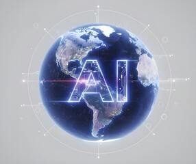A digital globe with the letters AI prominently displayed. The globe shows the Americas and is surrounded by a network of lines and nodes, symbolizing technology and connectivity.