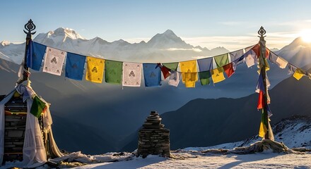 Serene Prayer Flags Amidst Snow-Capped Peaks An Aesthetic Background of Himalayan Splendor