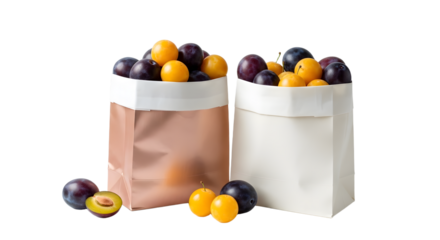 Fresh yellow and purple plums in beige and white paper bags, isolated on white background, perfect for healthy eating and natural fruit displays