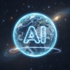 A glowing Earth surrounded by stars and galaxies, with the letters 'AI' prominently displayed in the center, symbolizing artificial intelligence and technology.