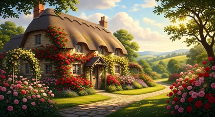 Charming thatched cottage amidst blooming roses and lush garden greenery under a sunlit sky, creating a picturesque and tranquil Aesthetic Background for serene compositions