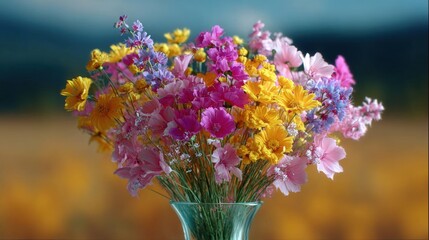 Close-up of a beautiful bouquet of flowers in a glass vase. the bouquet is made up of a variety of colorful flowers, including pink, yellow, and white daisies.