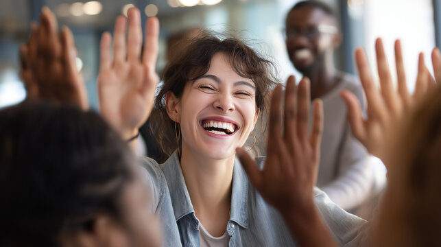 Diverse team of young IT professionals celebrating successful project launch in modern office, laughing woman giving high-five with expressive focal point, successful collaboration team achievement
