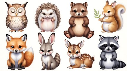 Fototapeta premium Adorable watercolor forest animals collection featuring owl hedgehog bear squirrel fox rabbit fawn and raccoon