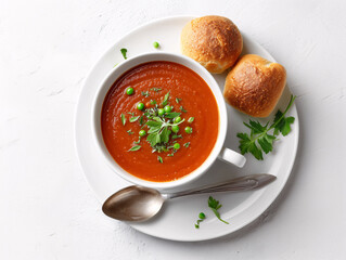 Savory Tomato Soup: A top-down shot showcases a comforting bowl of vibrant tomato soup, adorned with fresh herbs and peas, accompanied by warm, golden rolls, and a gleaming spoon.