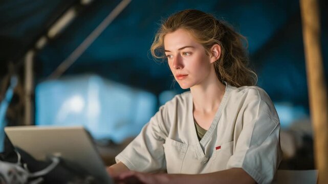 Nurse reviewing biosensor data via holographic screen under emergency tent, emotion of determination visible, symbolizing digital health analytics, telehealth access, and AI-driven diagnostics in