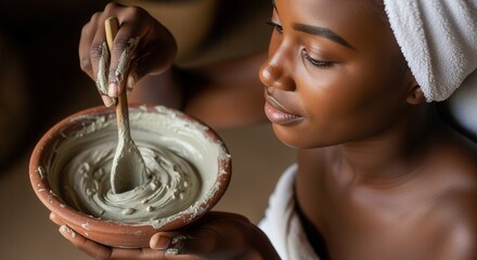 African American woman preparing a natural clay mask in a terracotta bowl. Skincare and self-care beauty routine with homemade cosmetics. Wellness and spa treatment concept