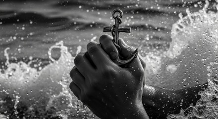 Hands holding a cross anchor in turbulent water. Christian symbol of faith, hope, and salvation. Black and white conceptual image of struggle and perseverance