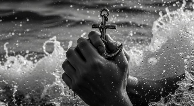 Hands holding a cross anchor in turbulent water. Christian symbol of faith, hope, and salvation. Black and white conceptual image of struggle and perseverance