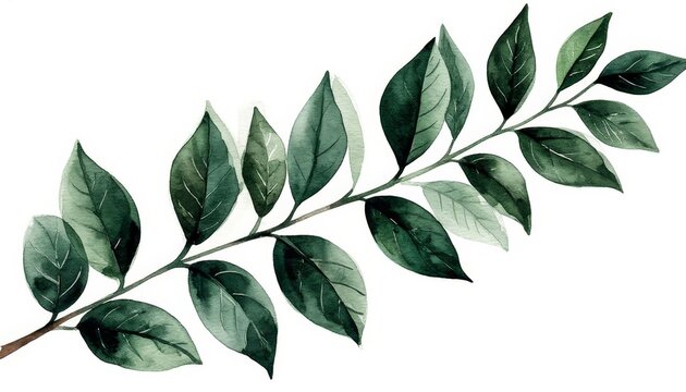 Fototapeta Green botanical branch with multiple leaves painted in watercolor, illustrating nature's ecology and organic growth on a white background, creating a fresh, artistic motif