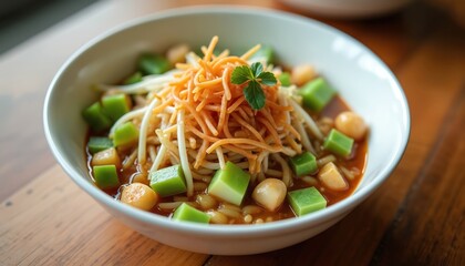 Fresh indonesian vegetable soup bowl with noodles, sprouts, green cubes and shredded carrot topping. This healthy lodeh sayur dish is served hot on a wooden table. A flavorful meal.