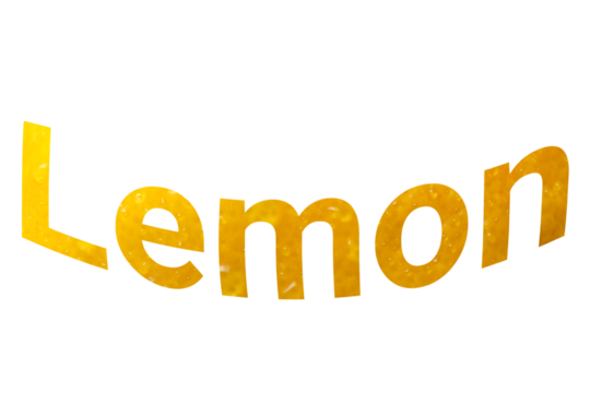 Word “Lemon” filled with lemon peel texture and water drops, isolated on transparent background.