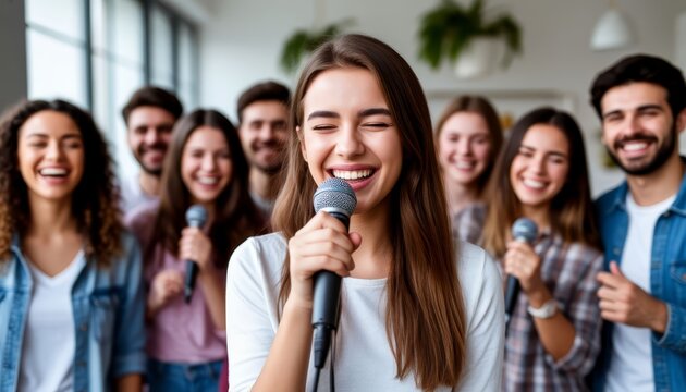 Group of diverse smiling young friends enjoying a home karaoke party, singing into microphones, spending happy time together, celebrating and having fun