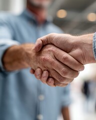 Businessman shaking hands with unseen person, symbolizing partnership and trust.