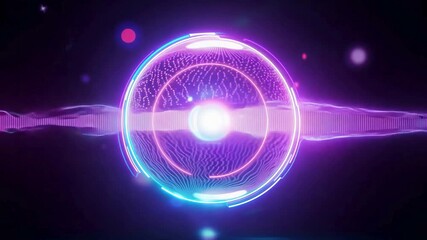 Dynamic, high-tech abstract animation of a glowing purple/blue sphere with HUD elements and a central light core, surrounded by energetic sound waves