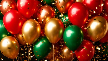 Red, gold, and green balloons floating with flying golden confetti, creating a festive background for celebrations, holidays, christmas, or new year's eve parties