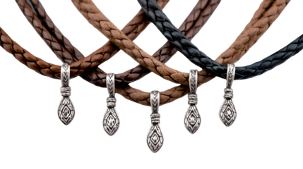 Set of braided leather necklaces with silver pendants for men, arranged symmetrically, transparent background